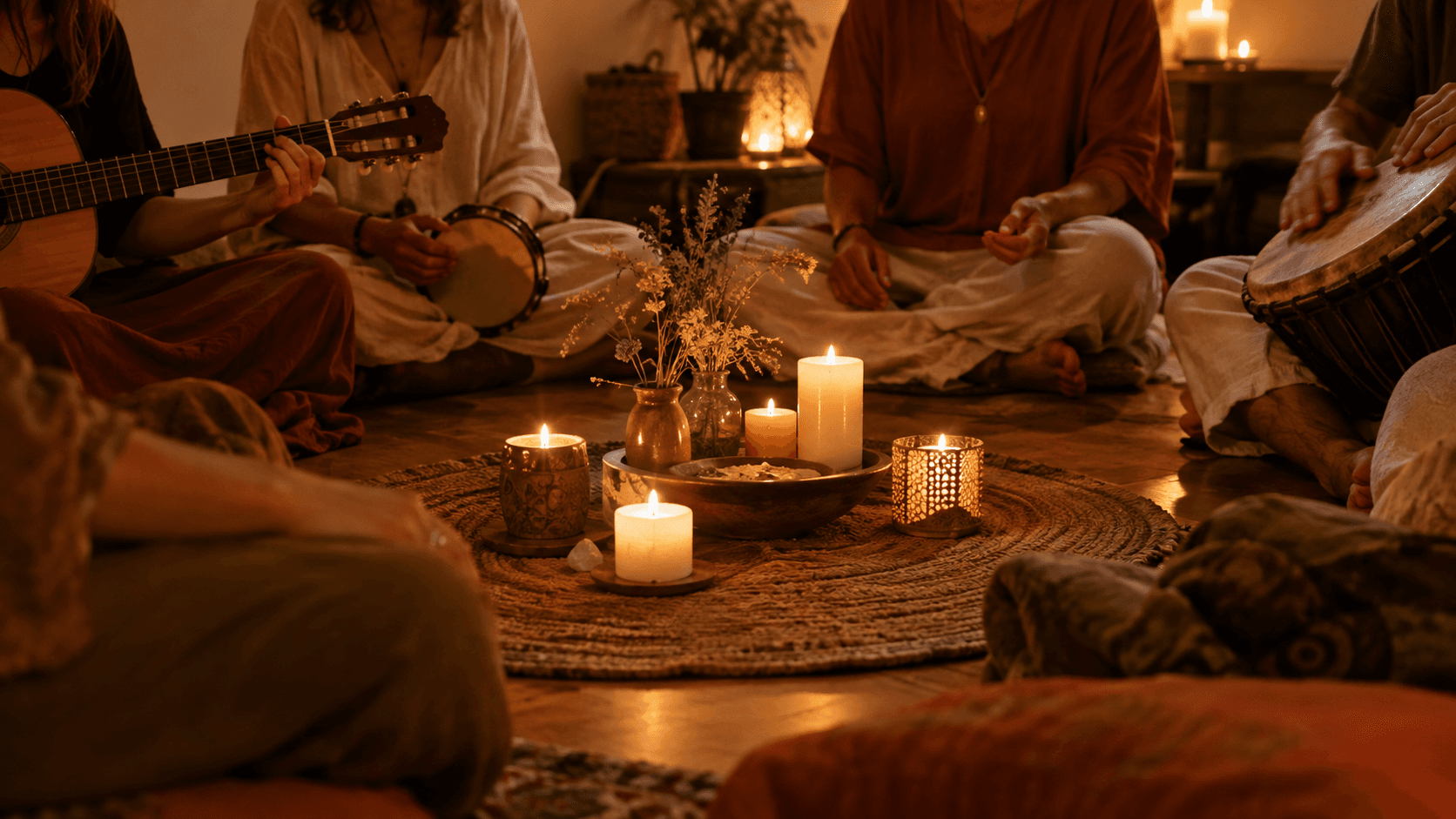 Cerchio di persone che cantano insieme a lume di candela — pratica di canto devozionale