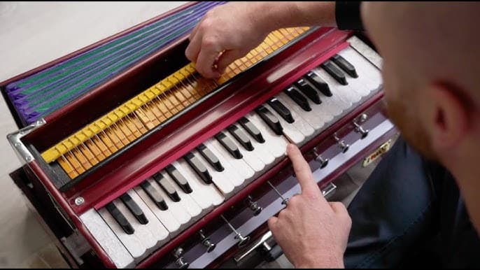 Harmonium indiano aperto dall'alto — ance metalliche e meccanismo interno visibili