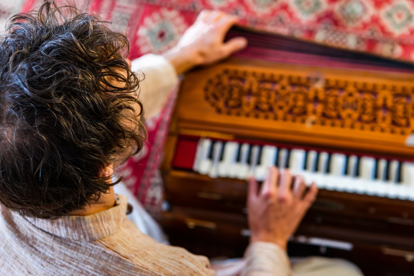 Vista dall'alto di una persona che suona l'harmonium
