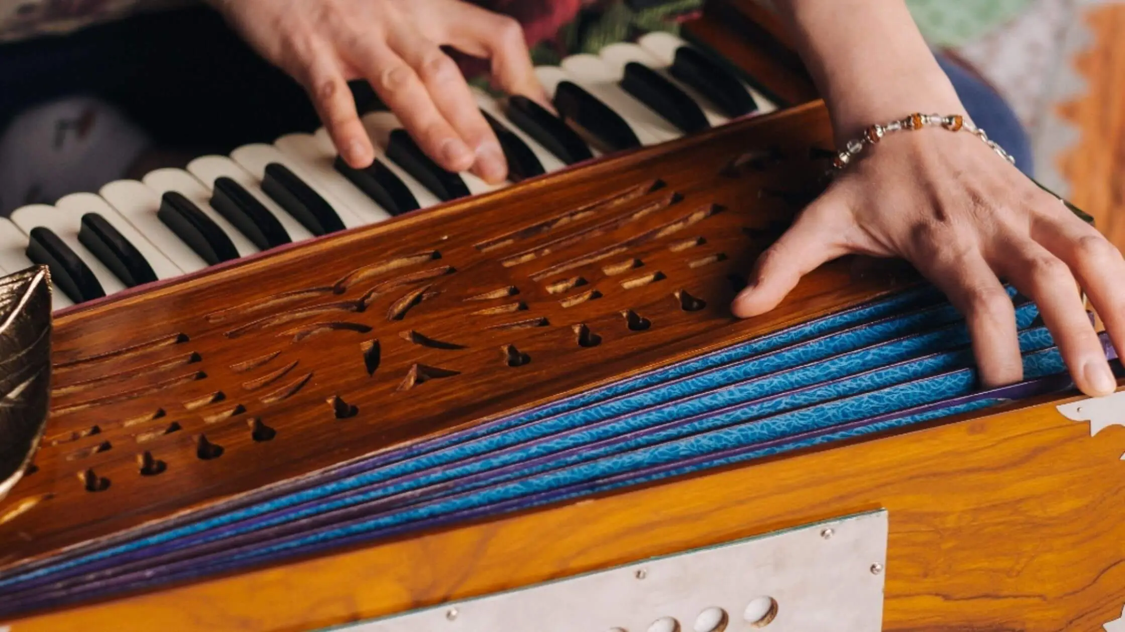Primo piano del corpo intagliato di un harmonium indiano — legno e mantice blu